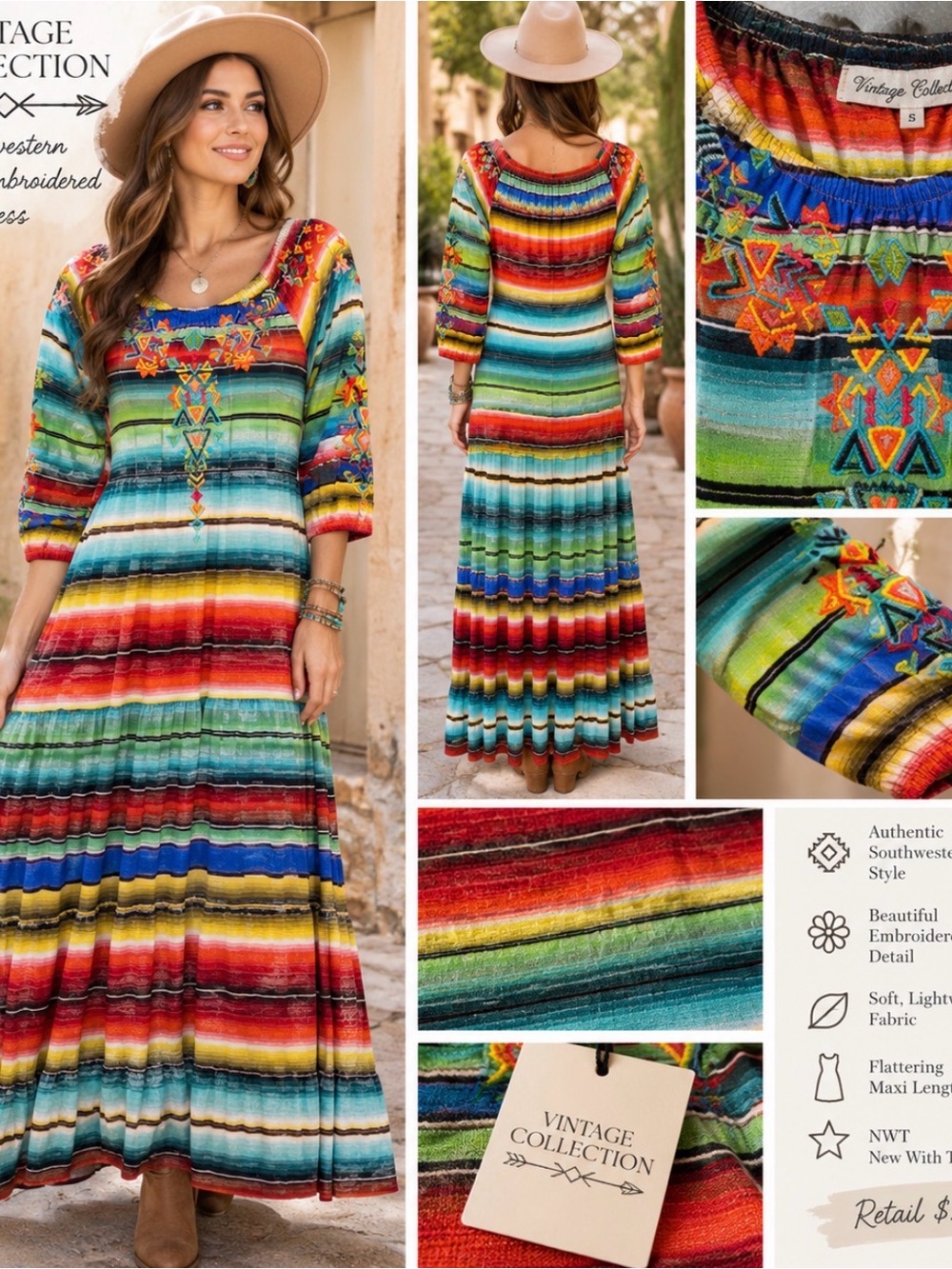 NWT VINTAGE COLLECTION S Southwestern Serape Embroidered Dress. $255 Retail